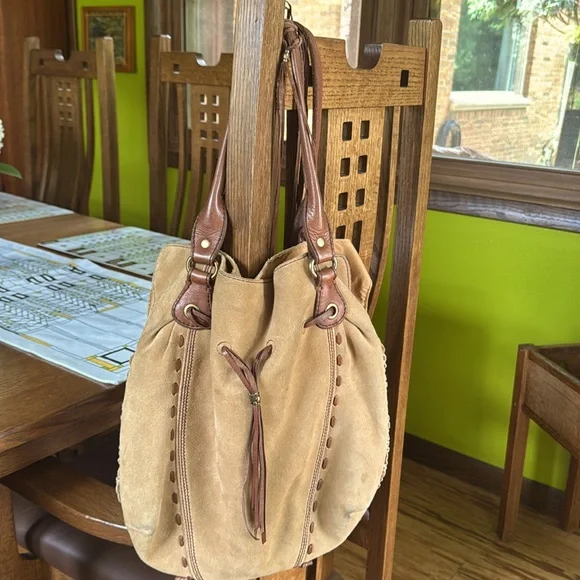 Tan Suede Bucket Bag with Brown Leather Accents - Picture 3 of 9
